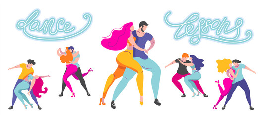 set of vector pictures with dancers. people dance bachata, latin dances. sexy couple dancing sensually. - obrazy, fototapety, plakaty