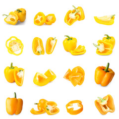 Set of cut and whole yellow bell peppers on white background