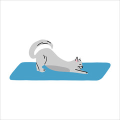 A grey cat streches on yoga carpet, vector handdrawn illustration.