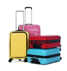 Stylish suitcases packed for travel on white background. Summer vacation