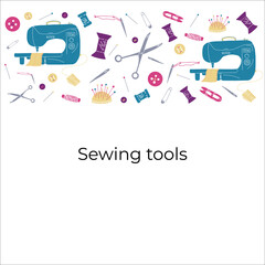 Vector illustration of sewing tools for atelier. Illustration with sewing machine, scissors, neddles, pins, threads, buttons and pincushion on purple background. Illustration for courses and sewing.