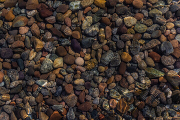 bright colored blue gold small pebbles in clear water sparkles in the sun, lake baikal