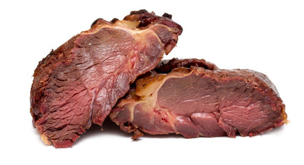 appetizing meat, smoked horse meat on a white background