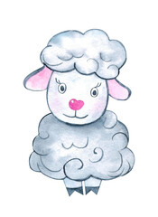 Lamb Sheep Watercolor Illustration. Hand drawn cartoon young sheep set isolated on white background. Cute illustration of animal for baby style design	