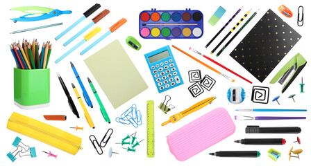 Set of bright school stationery on white background. Banner design