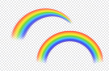Rainbow isolated on transparent background. Icon spectrum iridescent arch. Colorful translucent realistic rainbow. Sky after rain. Multicolored rainbow. Fantasy light effect. Vector illustration 
