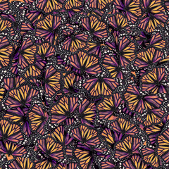 Many bright beautiful monarch butterflies as background