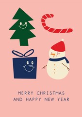 Merry Christmas and happy new year card. Christmas illustration. candy cane, snowman, gift, Christmas tree
