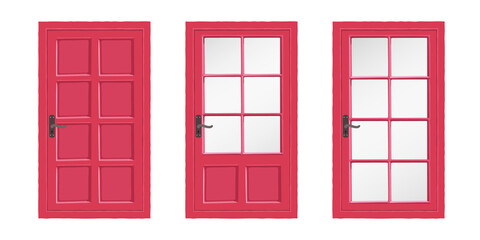 Red wooden door of different types. Vector illustration.
