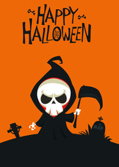 Cartoon grim reaper. Death skeleton illustration.  Halloween layout design