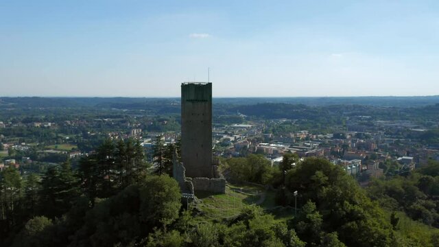 Aerial view of the tower of Baradello, a military fortification located on a high hill next to the city of Como, northern Italy.