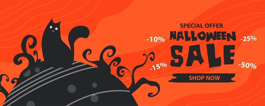 Halloween sale banner. Halloween background with pumpkin, ghost, monster, witch, black cats  and candy . Invitation flyer or template for a Halloween party. silhouette Vector illustration.