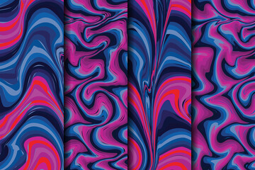 Set of Fluid art texture. Abstract backdrop with iridescent effect. Liquid acrylic artwork with flows and splashes. Mixed paints for website background. Purple, pink, blue and red overflowing colors.