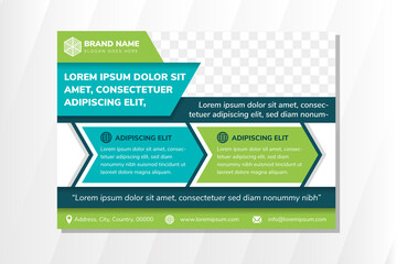 abstract geometric horizontal flyer use combination green, blue and white colors. space for photo on top left side. arrow shape design template. 