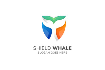 fine shield logo design template. the idea is combination of fin whale in negative space and shield on colorful shape. 