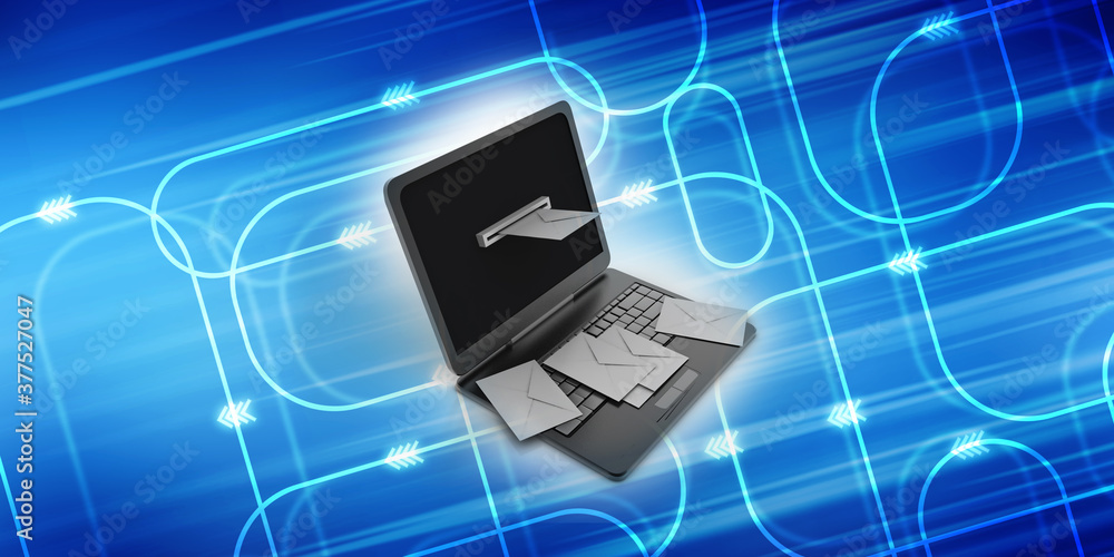 Poster 3d rendering laptops with mail envelops ,