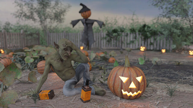 Realistic 3D render illustration of a sad goblin with empty whiskey bottles sitting in a garden near a pumpkin on Halloween