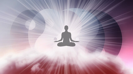 A silhouette of a man in a lotus position with arms spread apart, flying in the sky in a bright white sunlight on the background of the Yin-Yang symbol. Samadhi meditation concept, open mind.