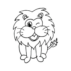 Cute little lion in cartoon style on white background, vector illustration. Coloring page.