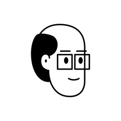 Portrait of a smiling man. Vector black and white illustration of a face of a happy smiling bald man wearing eyeglasses. Simple icon image of mans face to use as an avatar or character portrait