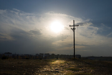 Obraz premium High voltage lines. Electricity pole. 