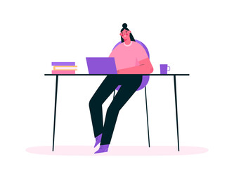 Fototapeta premium Remote work or online education concept. Woman working at home office, sitting at desk in room, looking at computer screen and talking with colleagues online. Home office. Flat vector illustration.