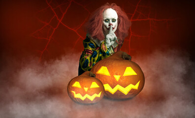 clown against an red background with pumpkins in the foreground