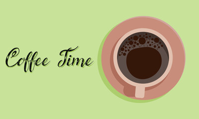 Cup of coffee on green background with some text.