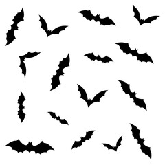 Silhouettes of flying bats isolated on white background. Flock of flying foxes. Vector illustration