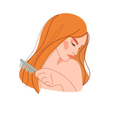 A beautiful blonde woman is combing her hair with a hairbrush. Nursing procedures. Makes styling. Modern vector illustration. Drawn by hand. For cosmetic products and web design.