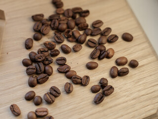 coffee beans on wooden background. Flat lay top-down