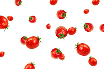 Fresh cherry tomatoes with water drops on a white background. Flying cherry tomatoes. High quality photo