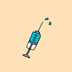 Colorful syringe with medicine. Vector doodle illustration, hand drawn