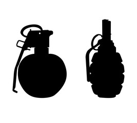 silhouettes on a white background of two grenades F1 and M67, weapons, ammunition