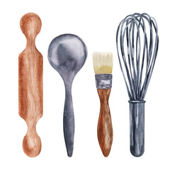 Watercolor image of tools for sweet baking. Whisk, cooking brush, spatulas, dough forms