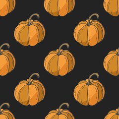 Pumpkins seamless pattern. Thanksgiving background with orange pumpkins on the dark. Vegetable background. Vector illustration.