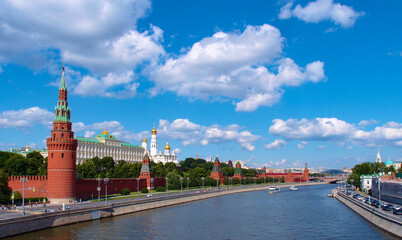 Fototapeta na wymiar The Moscow Kremlin (Московский Кремль) from Moskva River in Moscow, Russia. June 13, 2018.