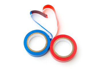 insulating adhesive tape in blue and red on a white background. Isolated.