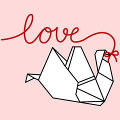 Cartoon of origami swan with love word. Simple cute hand draw line vector and minimal icons flat style character illustration.
