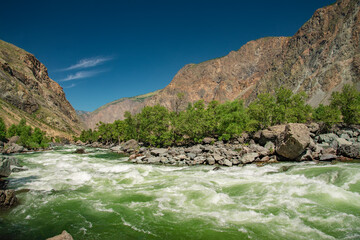 Chulyshman river is doing sprint on the direct site, Altai mountains, Siberia, Russia