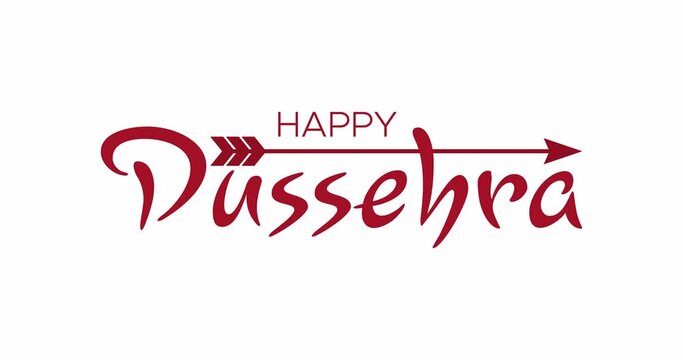 Happy Dussehra handwritten greeting calligraphic text message with flying arrow. Animation with handwriting effect