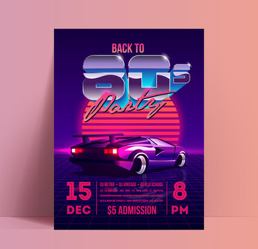 Back to 80s party poster or flyer design template with retro vaporwave or synthwave aesthetic illustration of the vintage supercar at sunset on purple background. Vector illustration