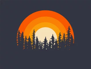Foto op Plexiglas Forest landscape trees silhouettes with sunset on background. T-shirt or poster design illustration. Vector illustration © paul_craft