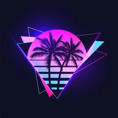 Poster Retrowave or synthwave or vaporwave aesthetic illustration of vintage 80's gradient colored sunset with palm trees silhouettes on abstract triangle shapes background. Vector illustration © paul_craft
