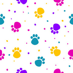 Dog paw wrapping paper seamless pattern. Swatch for veterinary clinic poster, party wallpaper, holiday textile print ,kids party card, pet shop sale advertising, woman dress print.