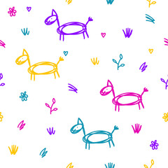 Doodle dog wrapping paper seamless pattern. Swatch for veterinary clinic poster, party wallpaper, holiday textile print ,kids party card, pet shop sale advertising, woman dress print.