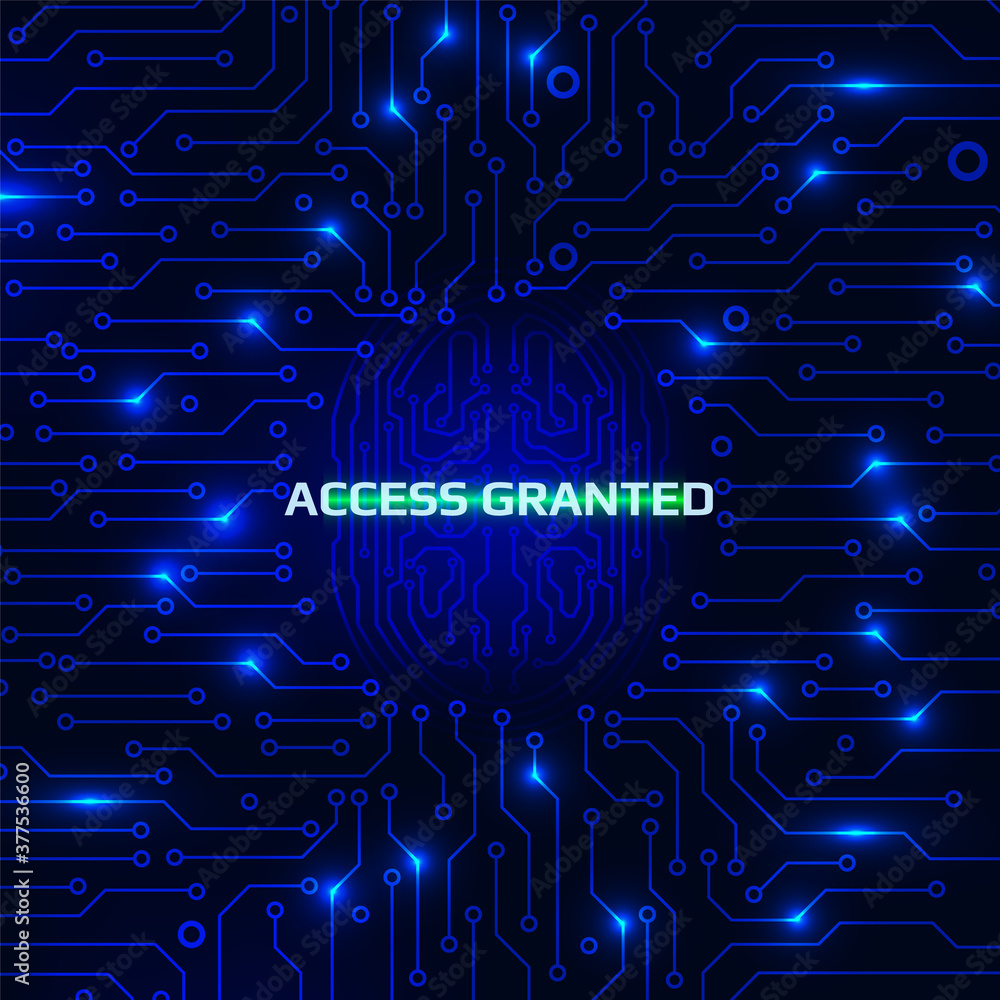 Poster Fingerprint Security Scanning Digital System Personal Information Identify Vector. Blue Abstract Circuit Board Authentication Accept Cyber Concept Illustration.