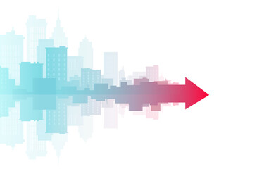 Vector banner of a cityscape merging into red arrow
