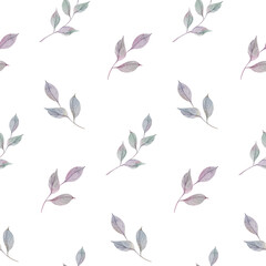 Seamless floral pattern with leaves on white background, watercolor hand drawn art