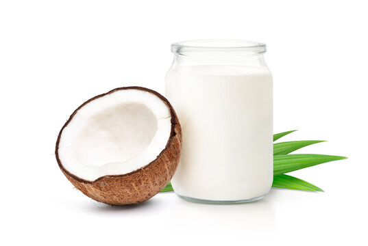 Coconut Milk With Cut In Half Isolated On A White Background